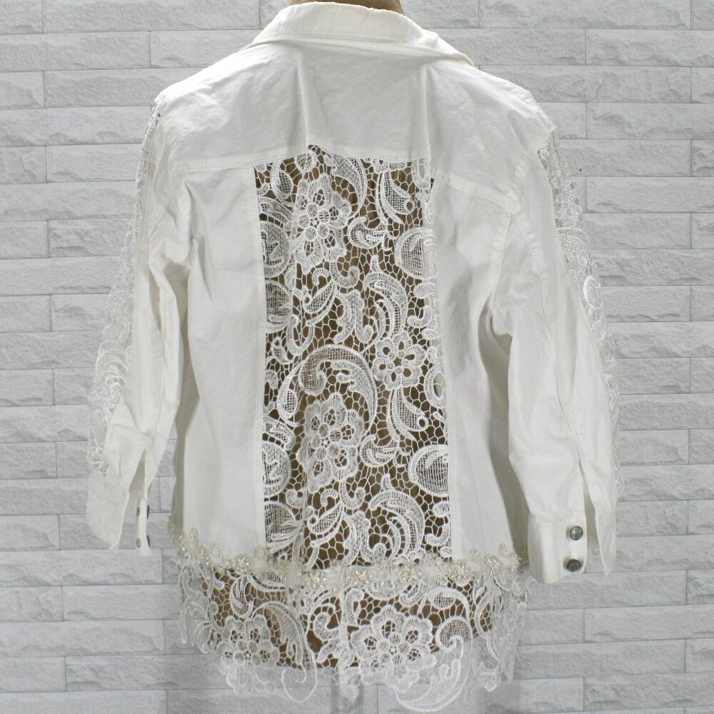 HAND CRAFTED Jacket Denim Upcycled Lace Pearl Floral White Plus Size 16